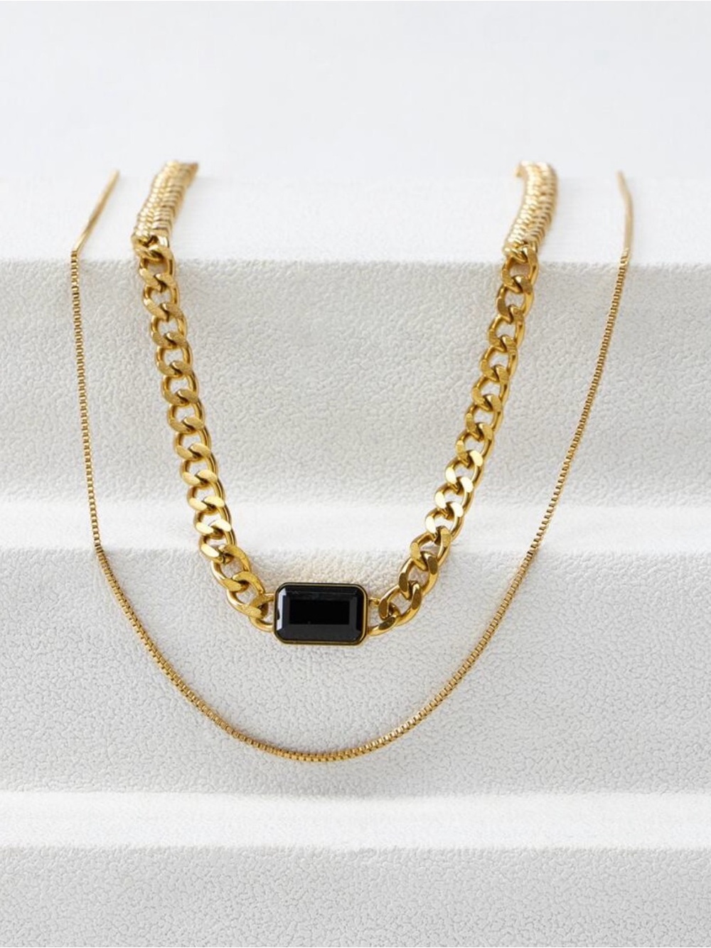 Layered Necklace with Black Stone Pendant - Women Jewelry